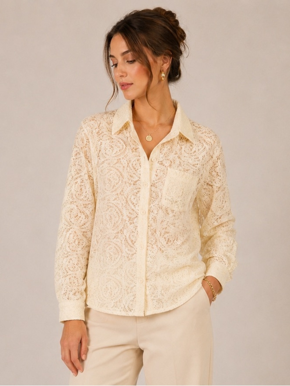 Anewsta Sheer Lace Button-Up Blouse US 6 Ivory Embroidered Long Sleeve Romantic